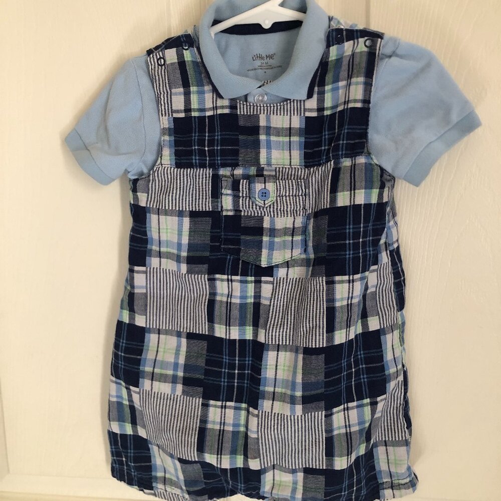 Little Me Baby Boy 24M Blue Plaid Patchwork Shortall & Polo Set